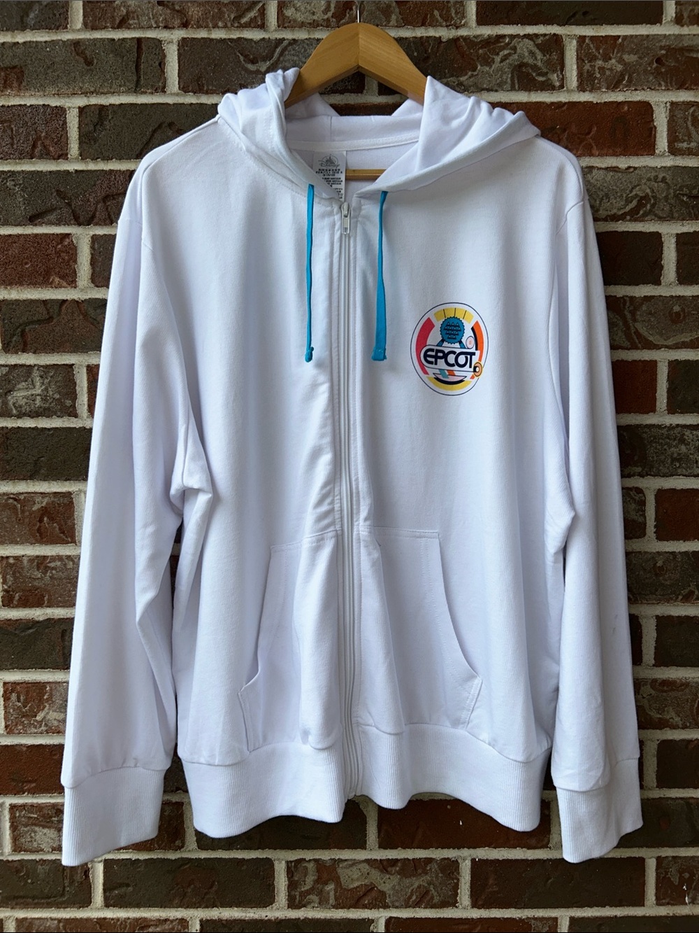 Disney Parks White Epcot Zip Hoodie with Blue Drawcords